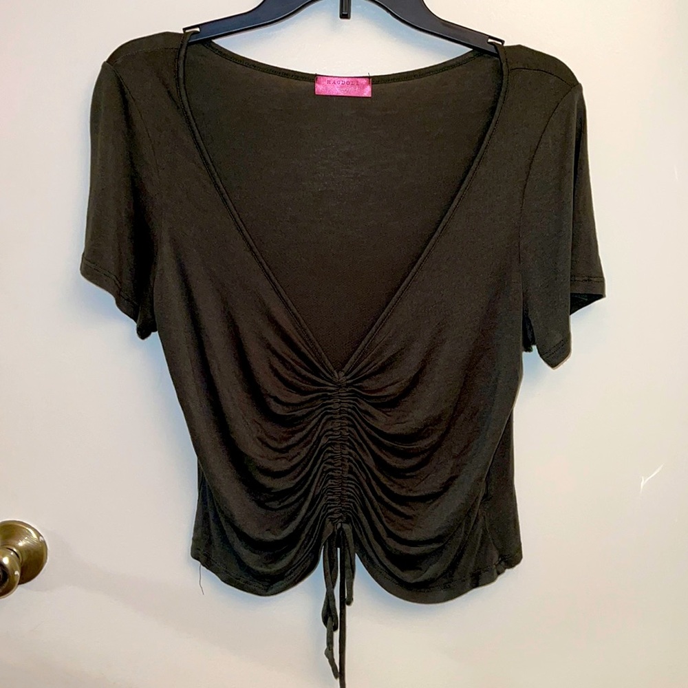 Deep V Forest Green Crop Top with Drawstring Tie